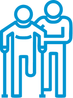 Blue line icon of two people standing side by side, with one person supporting the other who is using crutches