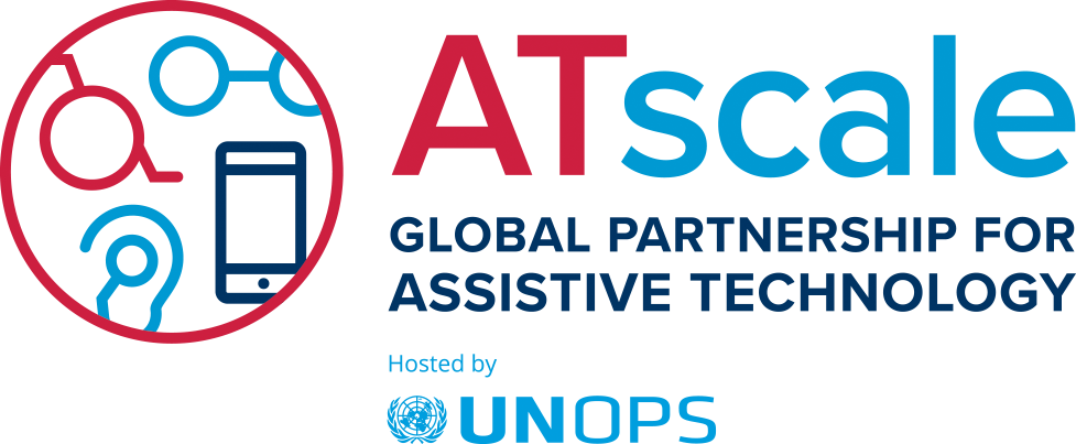 ATscale logo with the text ‘ATscale – Global Partnership for Assistive Technology’, hosted by UNOPS, and icons representing assistive technologies.