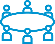 Blue icon showing people seated around a round table