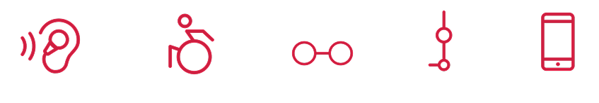 Five red line icons representing a hearing aid, a wheelchair user, eyeglasses, protheses and a mobile phone.