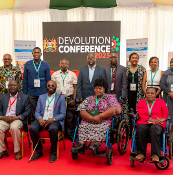Speakers and panellists of the side event on advancing human rights and social justice through assistive technology and rehabilitation services, at the 2025 Devolution Conference. Pictured: Dr Ouma Oluga, Director Health, Council of Governors Khatra Ali, KEMSA CEO- Dr Waqo, CHAI Deputy Country Director Rosemary Kihoto and specialists from numerous disability domains