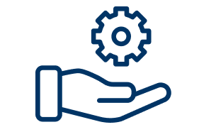 Blue icon of an open hand holding a gear