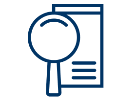 Blue icon of a document with a magnifying glass