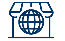 Blue icon of a storefront with a globe symbol