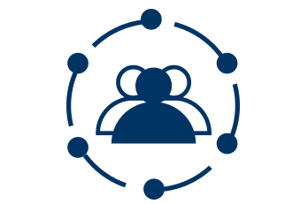 Blue icon showing a group of people connected by a circular network
