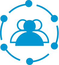 Blue icon showing a group of people connected in a circular network.