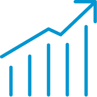 Blue icon showing an upward-trending bar chart with an arrow