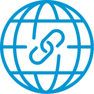 Blue icon of a globe with an ear symbol at the centre