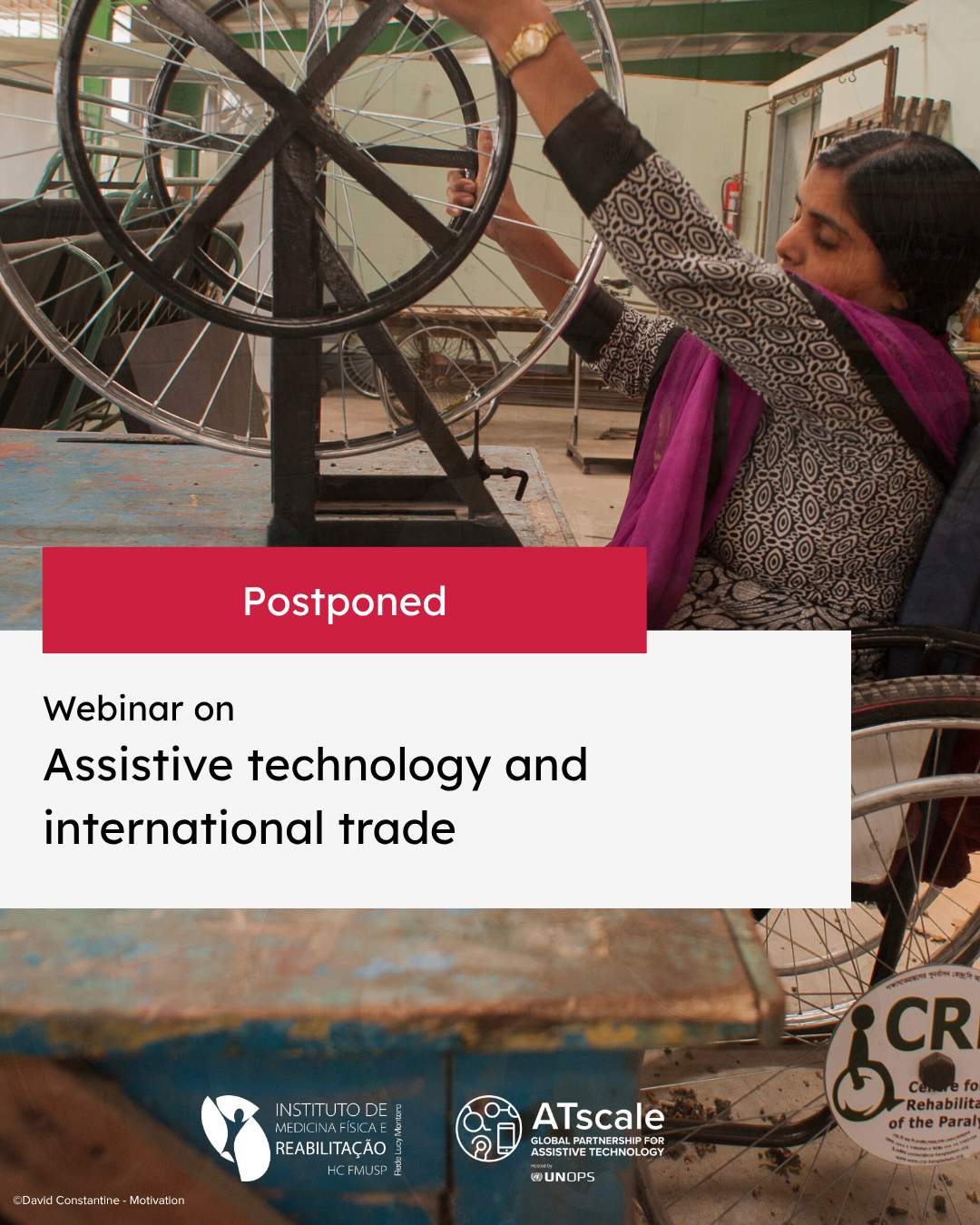 Webinar poster showing a woman using a wheelchair working on a wheelchair wheel, promoting an ATscale webinar on assistive technology and international trade on 24 March 2026.