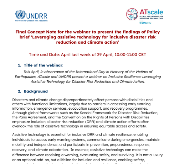 Final Concept Note for the webinar to present the findings of Policy brief ‘Leveraging assistive technology for inclusive disaster risk reduction and climate action’ 