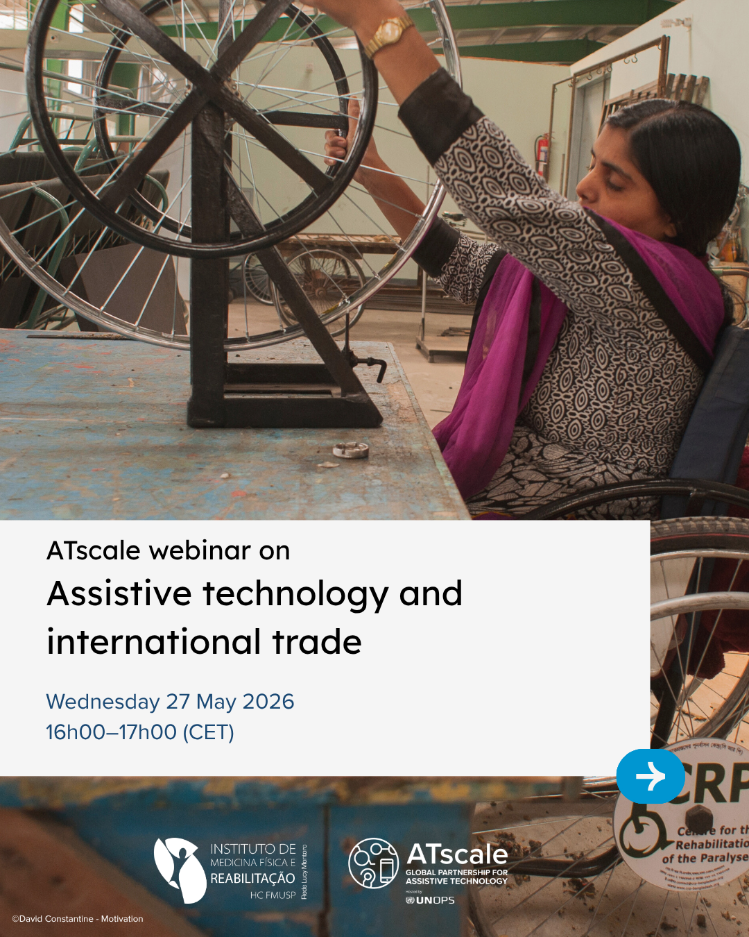 A poster with the webinar details. featuring a woman in a wheel chair working in a workshop