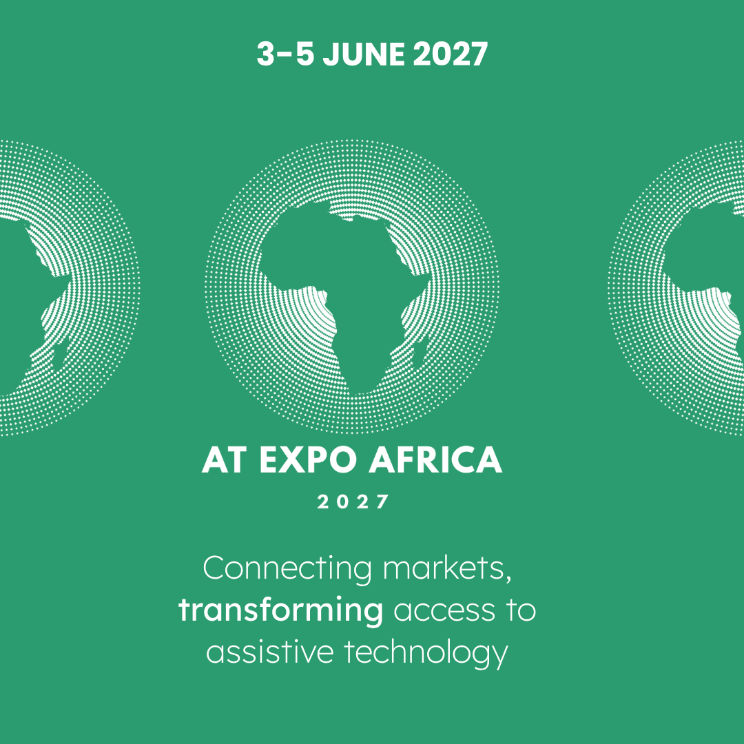 An event graphic with a solid green background featuring a central silhouette of the African continent inside a white dotted circle. The text reads: "3–5 JUNE 2027", "AT EXPO AFRICA 2027", and "Connecting markets, transforming access to assistive technology."