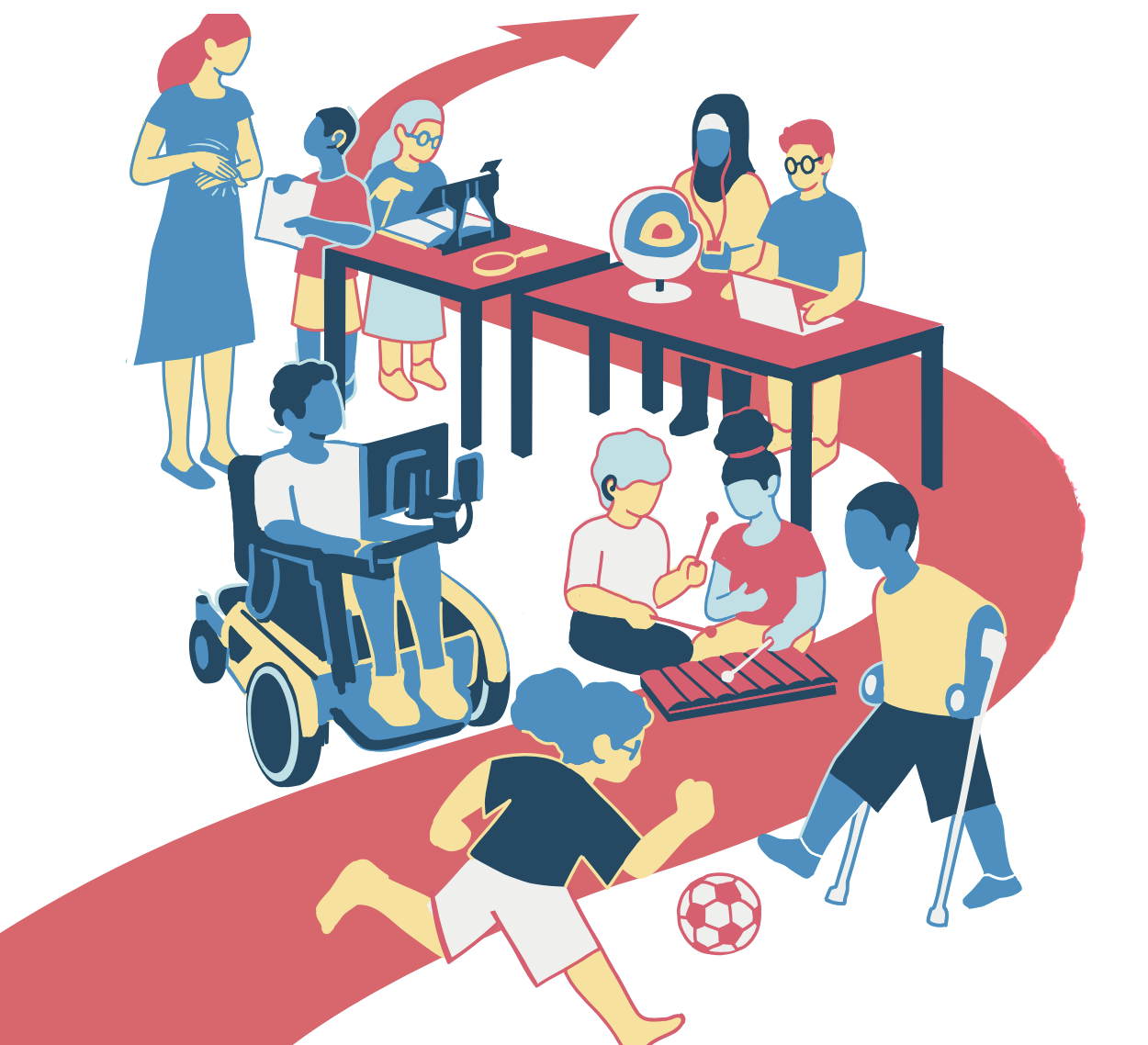 A colorful, stylized vector illustration features several children with and without disabilities engaging in various activities along a winding red pathway. Some children sit at desks studying, others play a xylophone, one uses a motorized wheelchair, one runs after a soccer ball, and another navigates with forearm crutches while an adult provides sign language nearby.