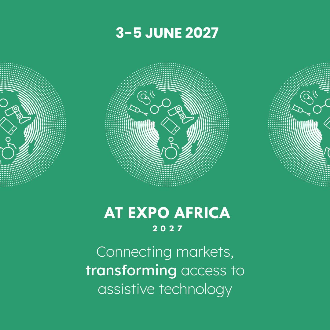 AT EXPO AFRICA 2027 logo featuring a stylized map of Africa surrounded by assistive technology icons, representing the continent-wide exhibition on assistive technology.
