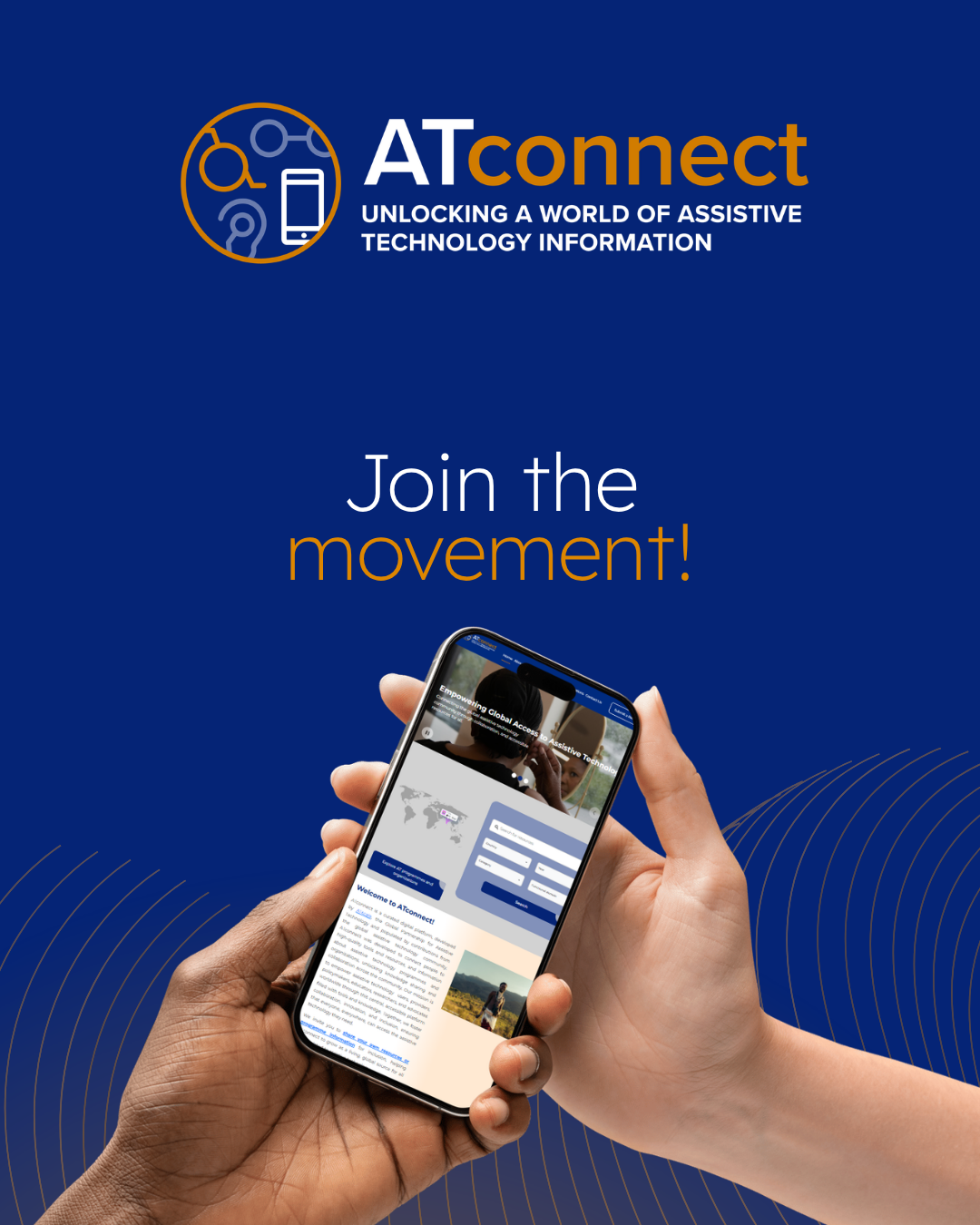 Hands holding a smartphone displaying the ATconnect platform, with the message ‘Join the movement!’ on a blue background
