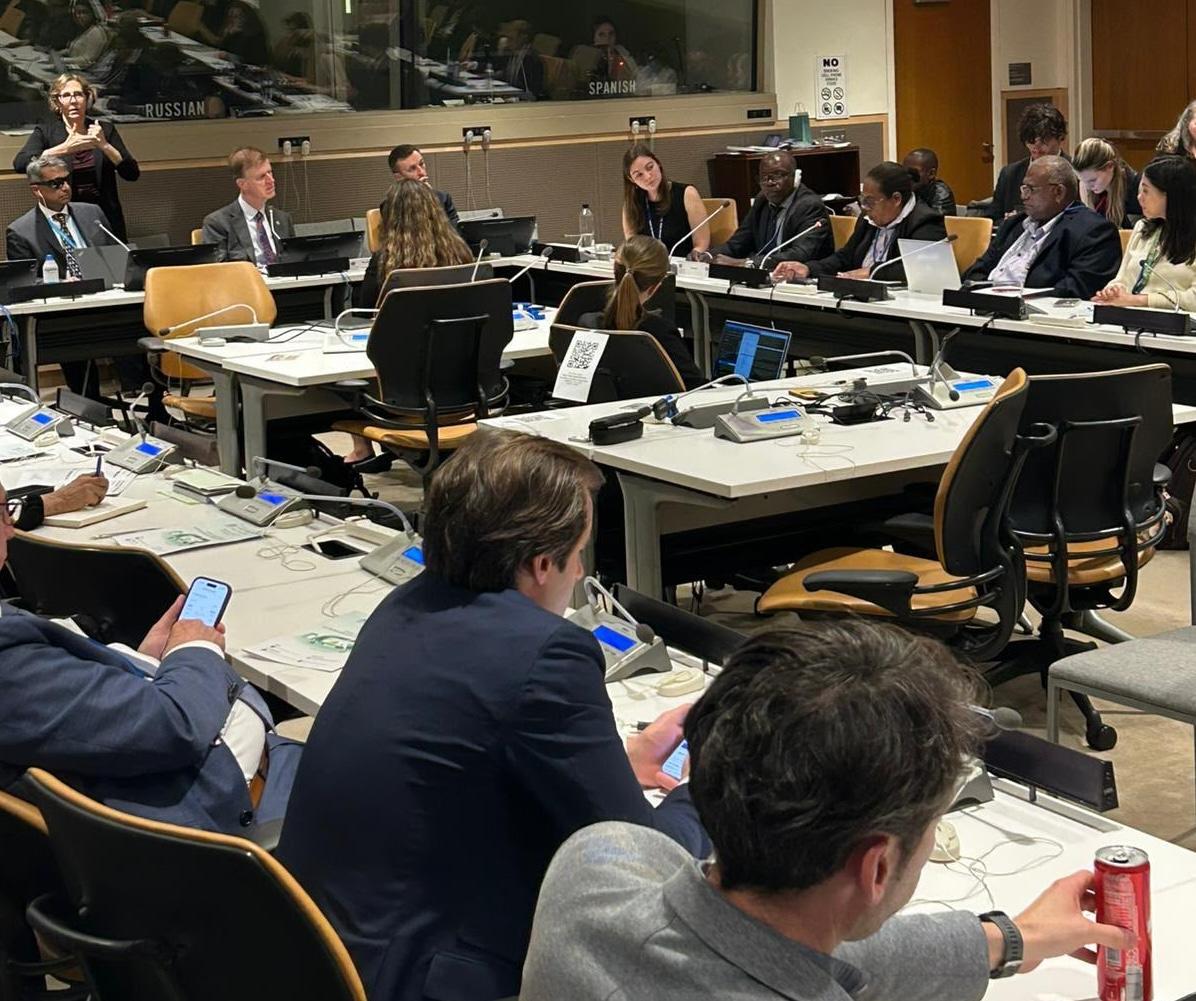 Delegates seated around tables at a formal conference room meeting, with a sign language interpreter standing in the background.