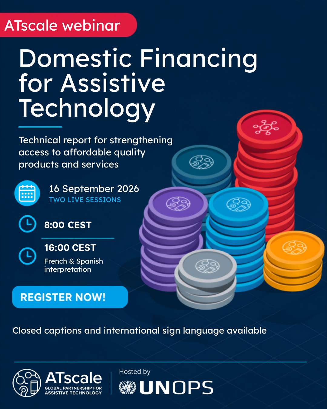 A poster of the webinar, with the webinar details. Its has icons of coins 
