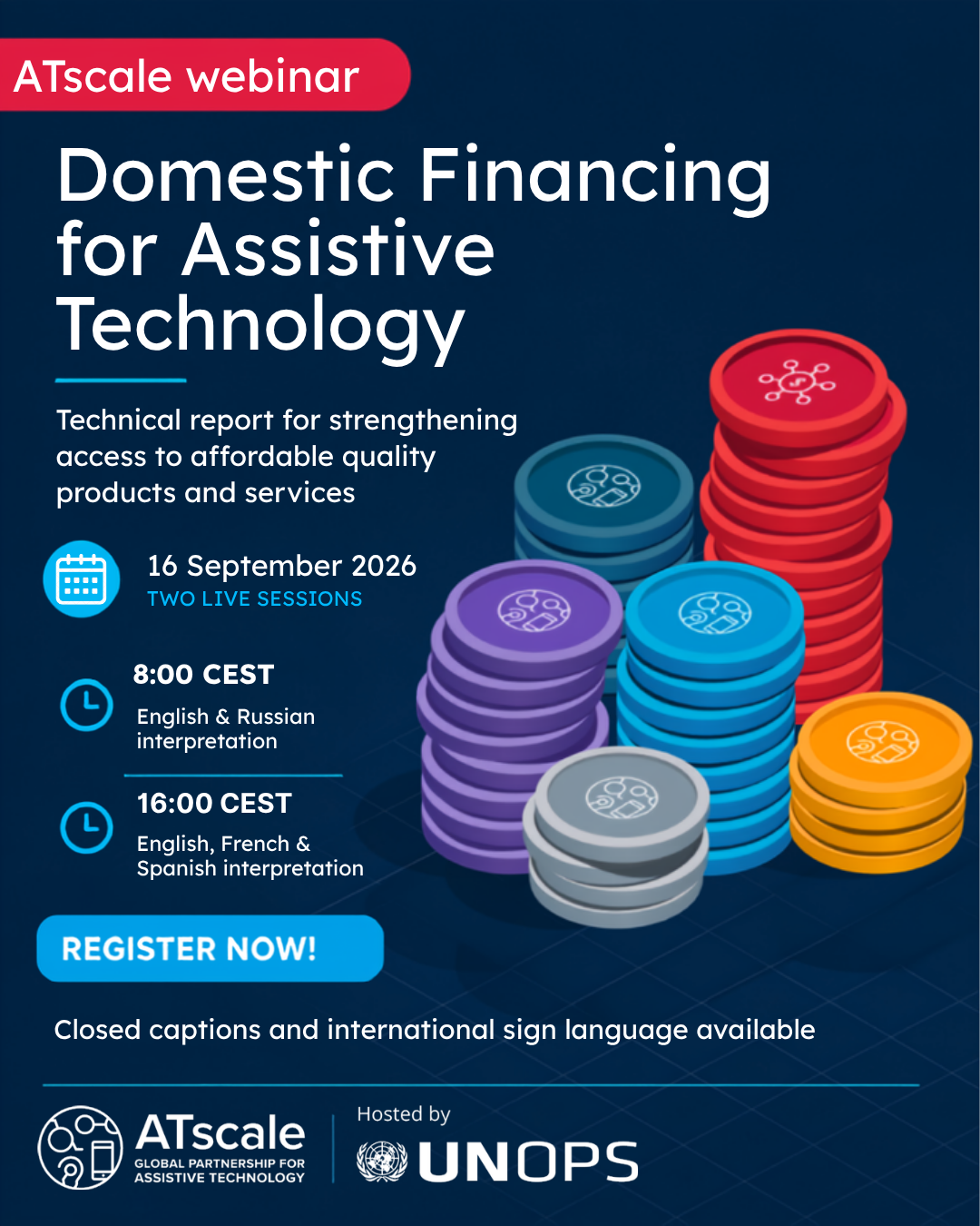 A poster of the webinar, with the webinar details. Its has icons of coins 