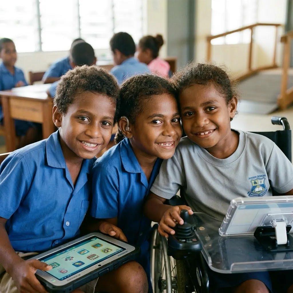 Three smiling young students pose together in a classroom while using tablet computers and assistive technology.
