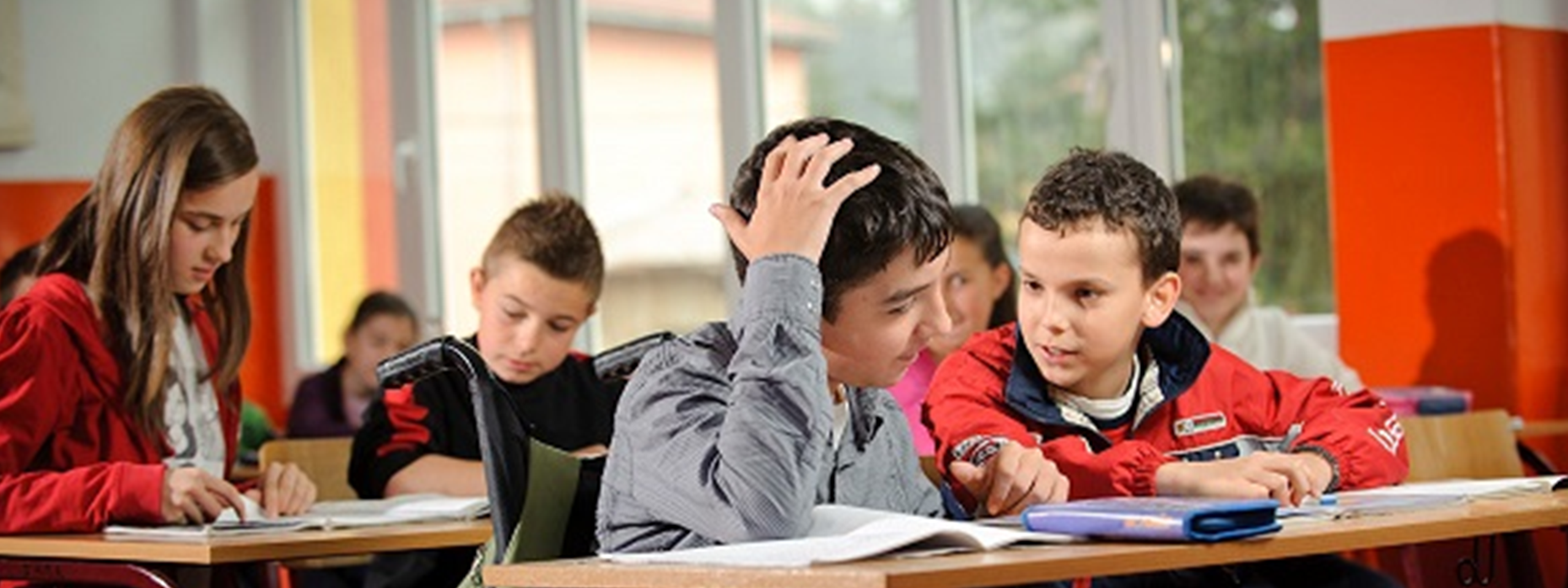 Students study at classroom desks; one boy uses a wheelchair while classmates work and talk beside him.