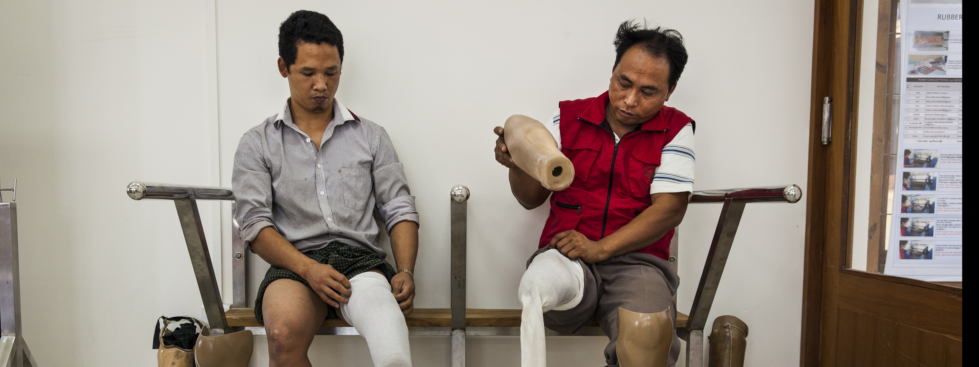 Aung Soe Min, 42, (right) who was injured in 2011 as a Myanmar Armed Forces soldier demining in Kayin State and (left) Daung Ja, 33 who was injured 2010 laying landmines while fighting with the Kachin Independence Army, at newly-opened physical rehabilitation centre in Myitkyina.