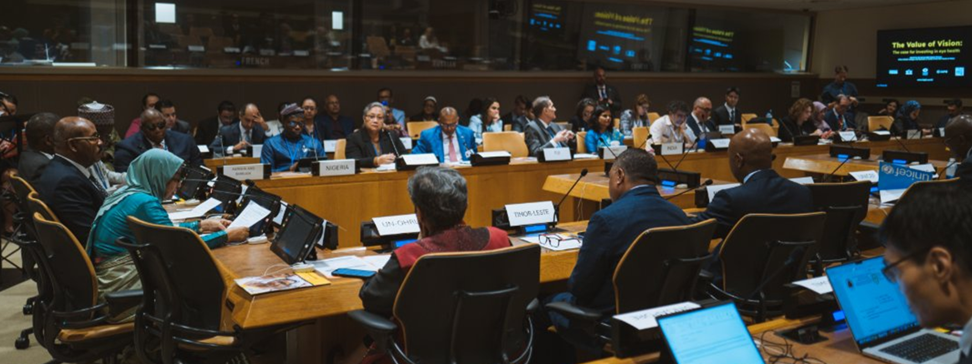 Large meeting room with delegates seated around a conference table during an international policy discussion.
