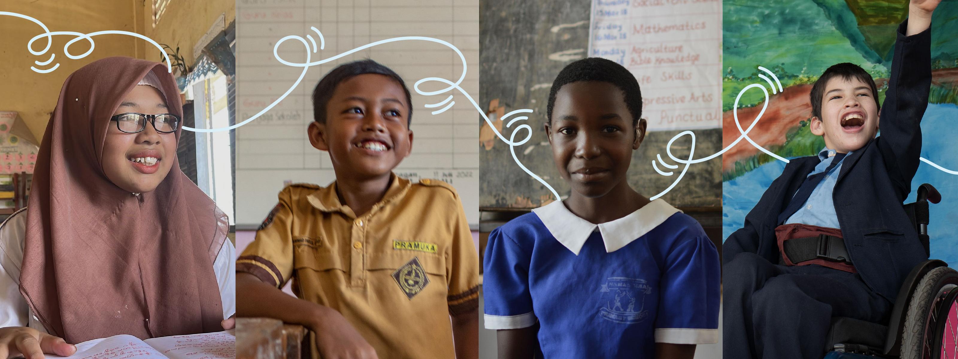 Four schoolchildren from different backgrounds smiling in classroom settings; one child uses a wheelchair.