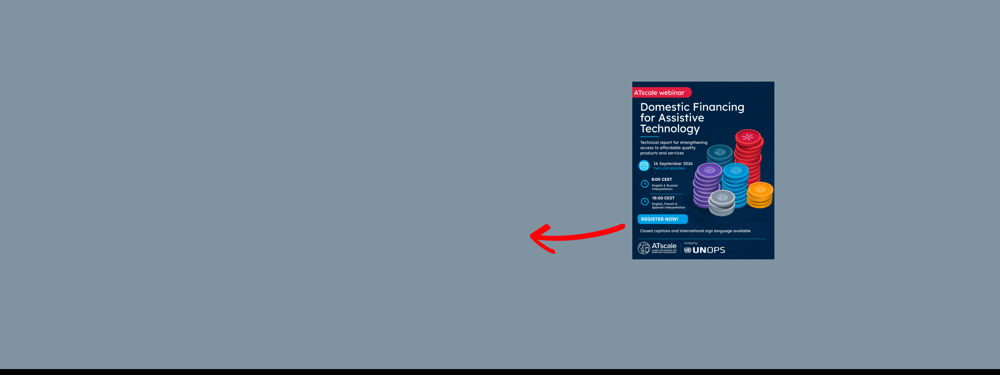 A slider with the webinar registration with an arrow pointing to the registration link